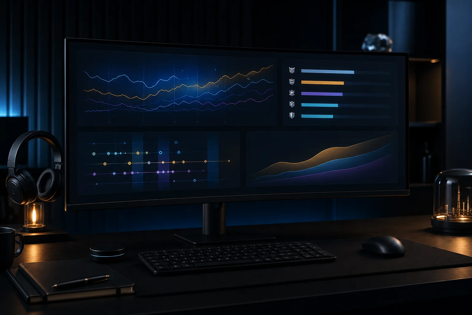 Dark research workstation with league, clan and profitability comparisons